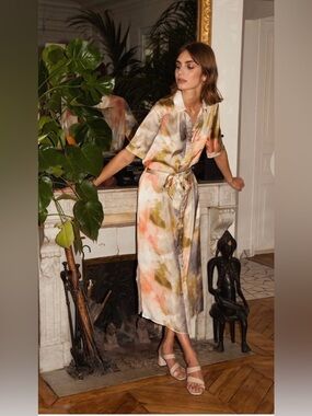 FRNCH Watercolor Satin Midi Dress in Olive, Pink & Cream